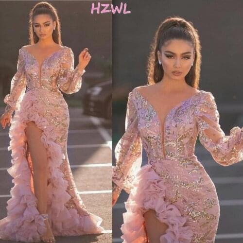 Dubai Pink Long Sleeves Evening Gowns Saudi Arabia Ruffles High Split Mermaid Prom Dresses Gold Appliques Robe De Soiree