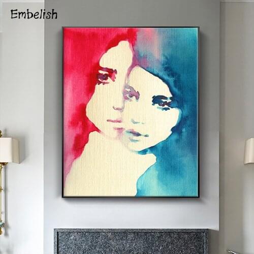 1 Pieces Red And Blue Two Woman Face Modern Wall Art Posters For Living Room HD Print On Canvas Oil Painting Bedroom Artworks