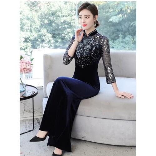 2021 chinese dress traditional qipao elegant lady dress hollow out embroidery velvet women bridesmaid long wedding party dress