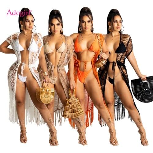 Adogirl Women Knitted Hollow Out Beach Sunscreen Smock Fringed Open Stitch Coat Bikini Tunic Swimwear Overalls Cardigans
