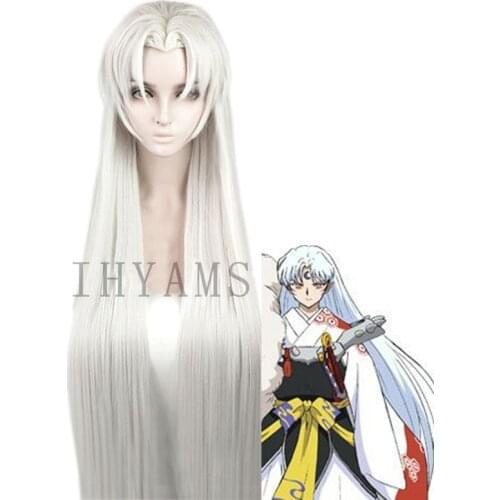 Anime 100cm Long Inuyasha Sesshomaru Wig Heat Resistant Cosplay Silvery Synthetic Hair Peruca + Wig Cap