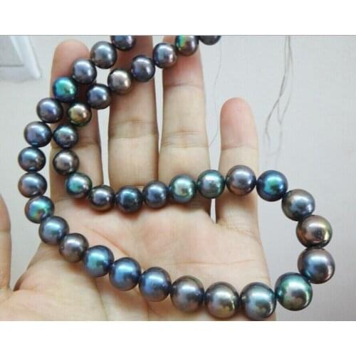 Free Shipping Superb 18"10-11mm Natural Tahitian genuine black peacock round pearl necklace