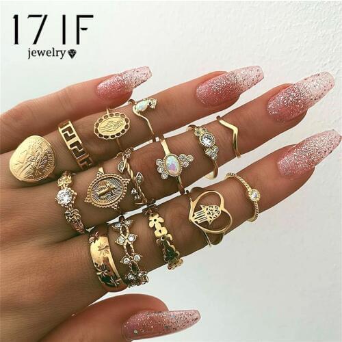 DAXI 15 Pcs/ Set Boho Women Cross Heart Palm Leaves Flowers Star Round Gold Ring Fashion Party Gem Crystal Ring Set Jewelry Gift