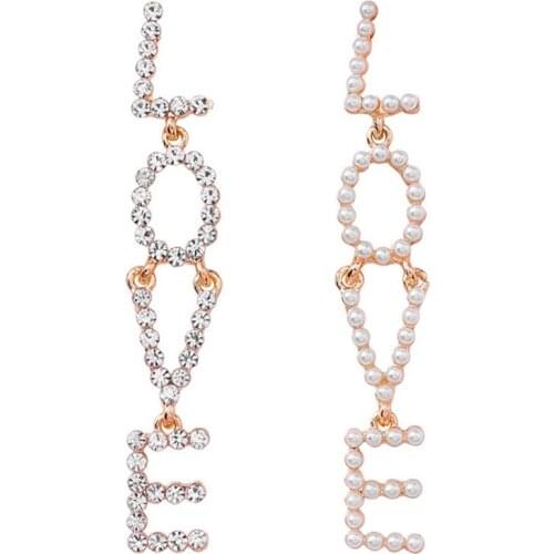 Long Hollow Letter LOVE Crystal Pearl Earrings Drop Earrings For Wedding Party Jewelry Korean Style Bridal Gift Earring Brincos