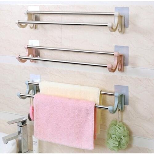 Punch-free Double Towel Rack Stainless Steel Bathroom Wall Hanger with Hook Bath Ball Holder Radiator Storage Accessories
