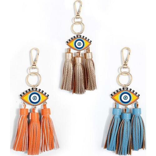KC00059 ZWPON Triple Leather Tassel Keychain Enamel Evil Eye Key Chain Women Bag Accessories Pendant Key Ring Wholesale