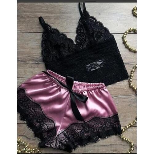 NEW Sexy Women Sleepwear 2Pcs Silk Satin Lace Bra Camisole+Shorts Pajama Sets Ladies Sleepshirts Robe Sleeveless Nightgown