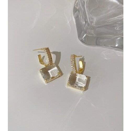 Korean Fashion Square Glass Exquisite Gold Plated Zircon Inlaid Geometric Circle Earrings for Women Statement Simple Jewelry