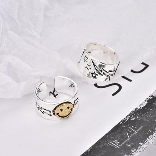 2021 Fashion Korean Version INS Trend Retro Silver Plated Smiley Open Ring Wide Version Couple Student Index Finger Ring