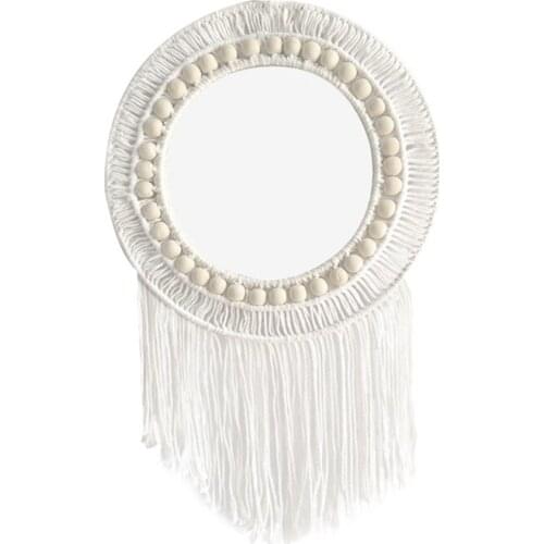 Bohemian Macrame Wall Hanging Mirror Round Vintage Tassel Dressing Mirror for Apartment Living Room Bedroom Home Decor