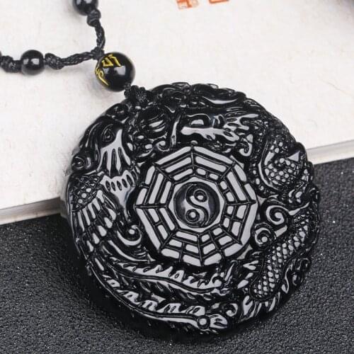 Natural Black Obsidian Hand Carved Chinese Dragon Phoenix BaGua Lucky Amulet Peace Mascot Pendant Necklace For Women Men
