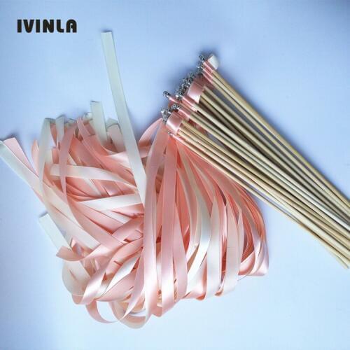 Newest 50pcs/lot coral wedding ribbon stick with sliver bell for wedding decoration