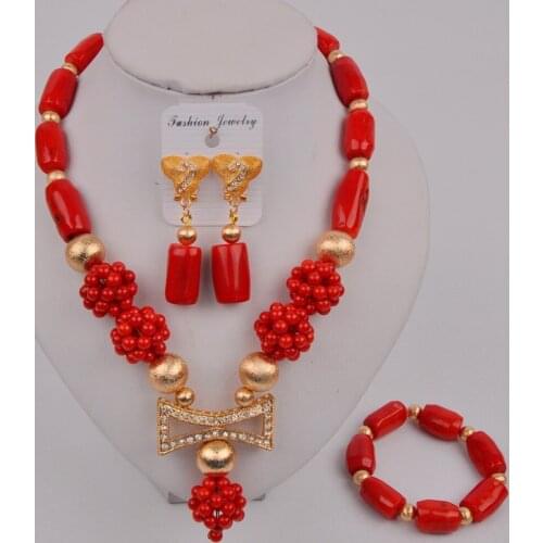 Latest Red African Wedding Beads Coral Necklace Nigerian Coral Jewelry Set 12-M-02