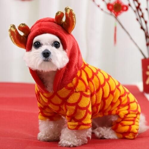 Chinese Dragon New Year Large Dog Clothes Flannel Pet Coat For Small Dogs Cute Cat Costume Party Cosplay Suit Warm Pet Jacket