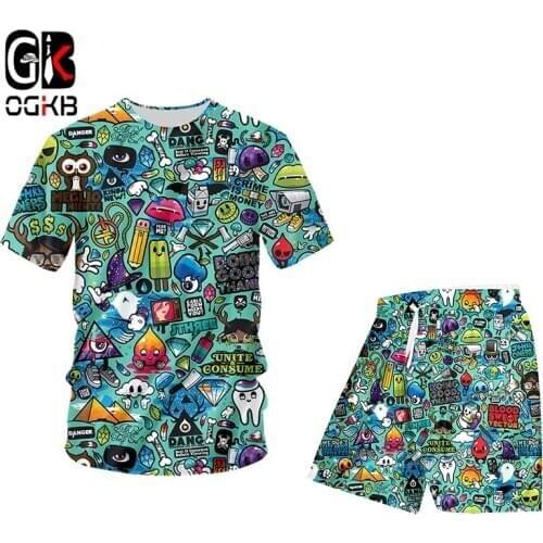 OGKB Oversize Men Sets Casual Summer 2 Pieces Suits Green Multi-element Graffiti 3D Printed T Shirts And Shorts Pants Tracksuit