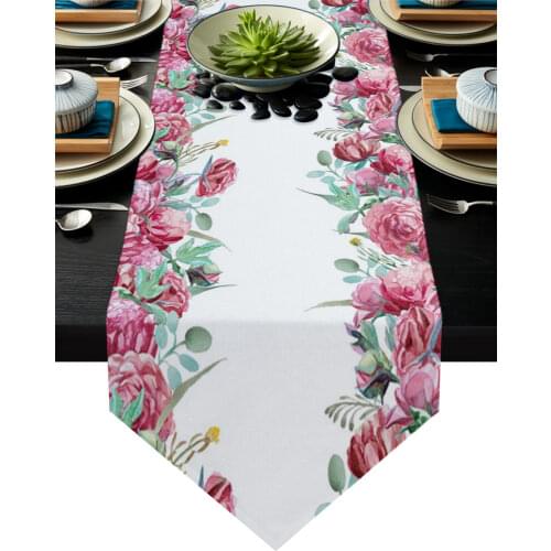 Peony Flowers Pink Watercolor Modern Table Runner Wedding For Party Event Home Decoration Table Cover Mat Decor Accessories