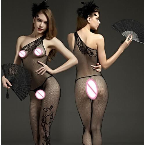 Transparent Oblique Shoulder Open Crotch Bodystockings Women Black Single Side Jacquard Tights Fishnet Bodysuit Sexy Lingerie