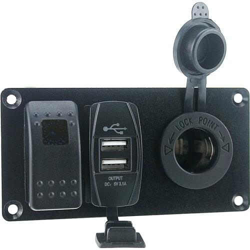 Blue LED Switch Panel Backlit Car Dual USB Charger Cigarette Lighter Socket Panel for Car Boat with Rocker Switch