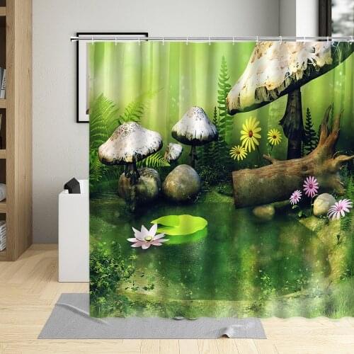 Fantasy Fairy Tale World Green Mushroom Forest Shower Curtain Polyester Fabric For Girls Boys Screens Bath Curtains With Hooks