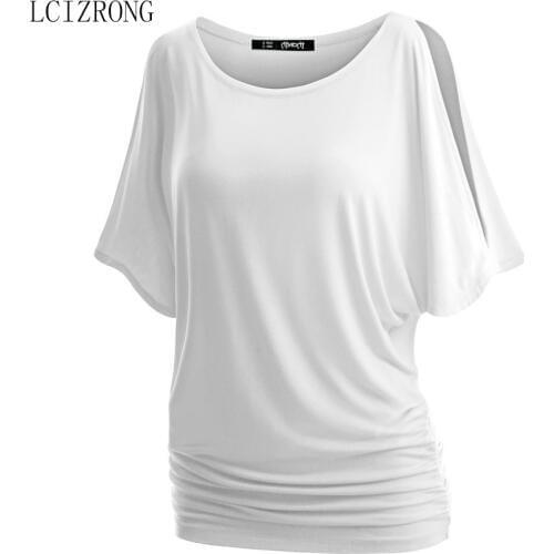 5XL Big Size Cold Shoulder Solid T Shirt Women Casual O-neck Batwing Short Sleeve Loose Tshirt Black White Oversized T-shirt