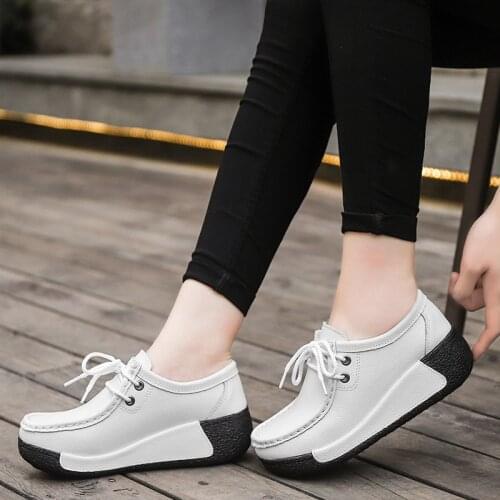 2019 Spring women platform sneakers shoes ladies genuine leather lace up flats women thick heel platform flats women shoes