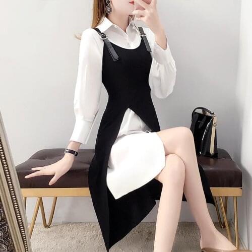 Women 2021 Spring Fashion Two Piece Suits Female New Solid Color Long Buttons Shirts Ladies Loose Slit A-line Dress Sets T288