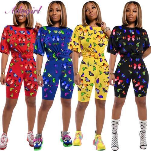 Women Spring Two Piece Set Jogging Casual Butterfly Print Short Sleeve Corp Tops T-Shirt Short Pant Suit Matching Set Tracksuit