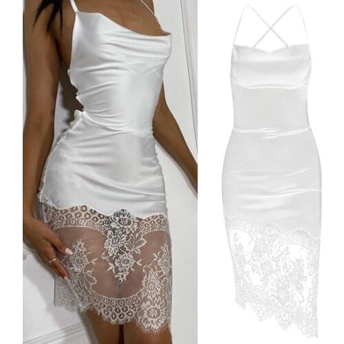 Women Sexy Spaghetti Strap Backless Satin Midi Dress Eyelash Lace Patchwork Asymmetric Hem Package Hip Slim Clubwear