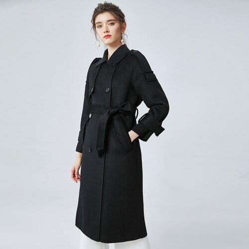 New Women Elegant Black Water Ripple Cashmere Turn-Down Collar Woolen Coat Belted Wool Coat Long Double Breasted Winter Clothes