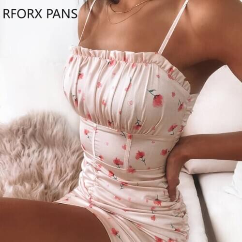 Women Sweet Vacation Floral Printed Dress Lovely Spaghetti Strap Mini Elegant Summer Dress