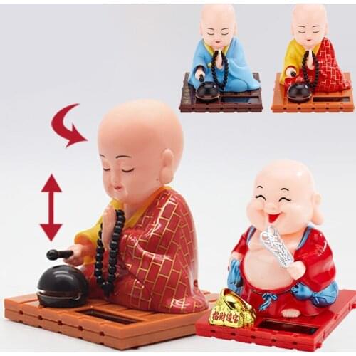 1pc Buddhist Monk Doll Figurines Statues Car Dash Board Decorations Solar Powered Bobble Shaking Head Dancing Toy