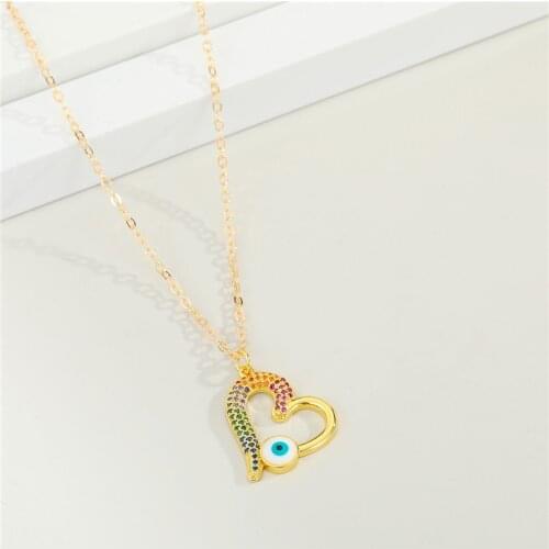 1PC Copper Zircon Evil Eye Heart Pendant Necklace For Women Gift Jewelry Shiny Hollow Colorful Crystal Geometric Clavicle Chain