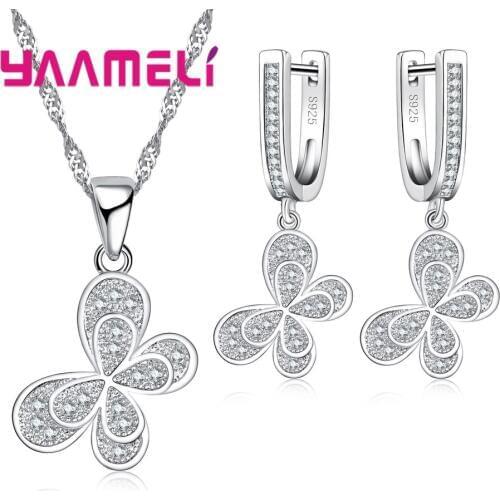 100% Real 925 Sterling Silver Jewelry Sets For Women Gifts Cubic Zirconia Inlay Paved Butterfly Bridal Necklace Earrings