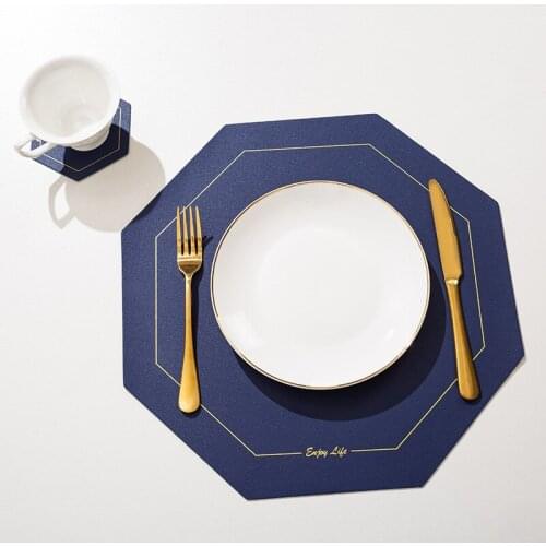 2Pcs/Set Simple Western Placemat Leather Polygonal Placemat Coaster Non-slip Insulation Placemat Coaster