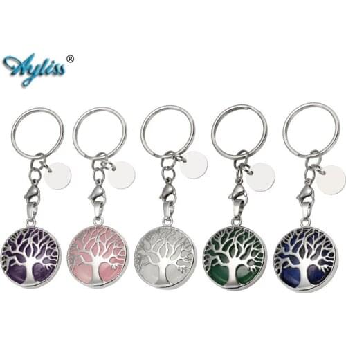 Ayliss Latest Style Tree of Life Natural Quartz Gem Stone Key Ring Healing Crystal Natural Stone Key Chain Jewelry Birthday Gift