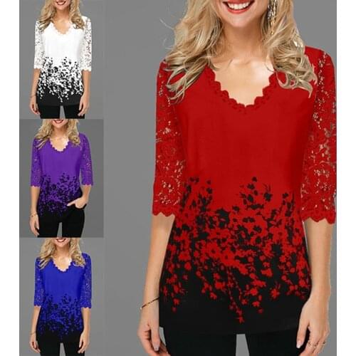 Plus Size 2XL Shirt Blouse Female 2021 Spring New Tops V-Neck Half Sleeve Lace Splice Print Boho Women Shirt