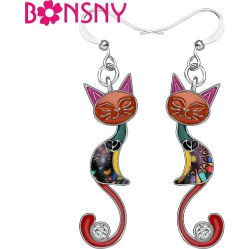 Bonsny Enamel Alloy Rhinestone Elegant Closed Eyes Cat Earrings Drop Dangle Fashion Animal Jewelry Women Girls Gift Accessories