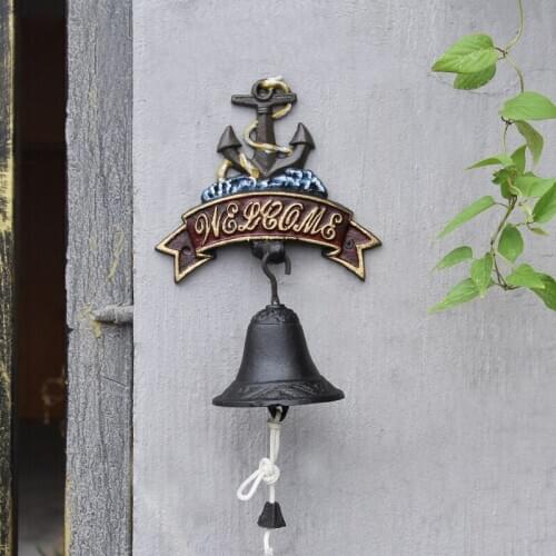 Cast Iron Anchor Welcome Signs Wall Bell European Blue Beach Accent Home Garden Wall Decor Hand Cranking Metal Welcome Door Bell