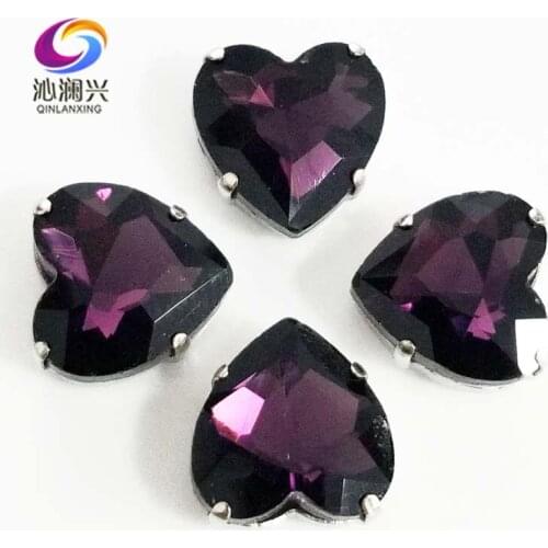 Deep purple heart shape top quality Glass Crystal claw rhinestones,sew on stone with holes for Diy Clothing accessories SWH17