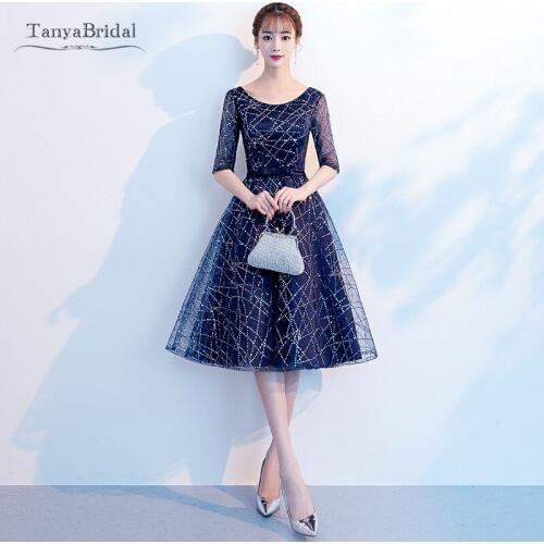 Cocktail Dresses Boat Neck Deep Blue Crystals Bling A-line Knee-length Half Sleeves New 2020 Nave Homecoming vestido coctel