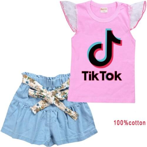 TIK TOK New Fashion Kids Girl Clothes Set Summer Short Sleeve T-shirt Tops + Skirt 2PCS Outfit Children Suit