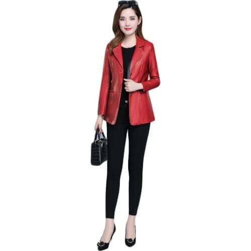 Leather Coat Women 2021 Spring New Fashion Korean Office Lady Short Slim Red 6XL Plus Size Long Sleeve PU Jackets Feminina N808