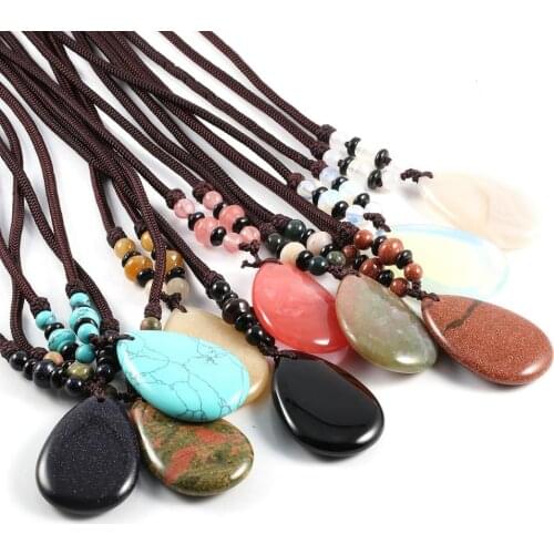 Natural Stone Pendant Water Drop Blue Sand/Opal Pendant With Chain Necklace For Fashion Jewelry for Women Men Healing gift