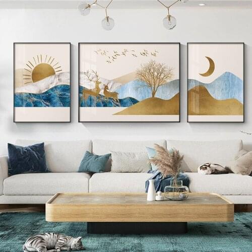 Boho Moon Sun Abstract Mountain Landscape Deer Posters Geometry Paintings Wall Art Canvas Prints Living Room Pictures Home Decor