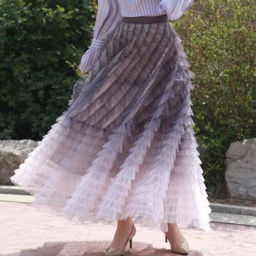 Fairy Sweet Design Women Cake Mesh Skirt Feminine Patchwork Ruffled Ankle-length Mesh Skirt