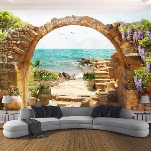 Custom Wall Mural Wallpaper Garden Stone Arches Sea View 3D Photo Wallpaper For Living Room Sofa Bedroom Backdrop Large Murals