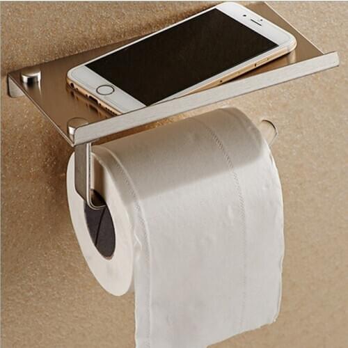 Bathroom Toilet Roll Paper Holder Wall Mount Stainless Steel Bathroom WC Paper Phone Holder with Storage Shelf Rack