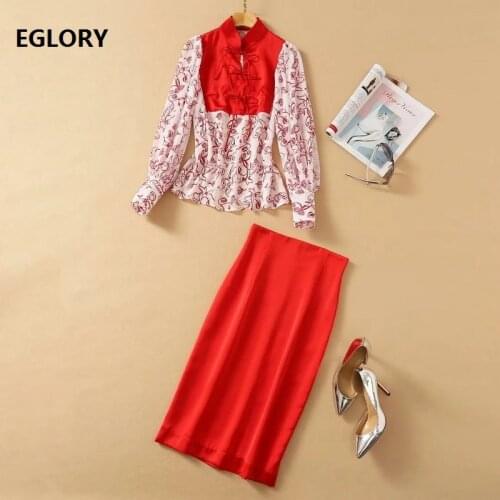 New 2021 Spring Fashion 2 Piece Sets High Quality Designer Suit Women Exquisite Print Long Sleeve Shirts+Midi Pencil Skirt Sets