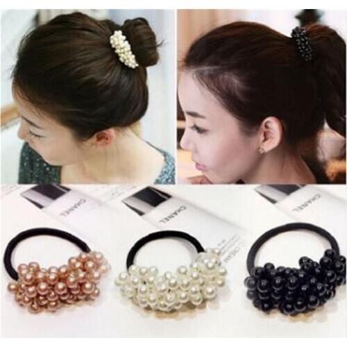 Women Hair Accessories Pearls Beads Headbands Ponytail Holder Girls Scrunchies Vintage Elastic Hair Bands Rubber Rope Headdress