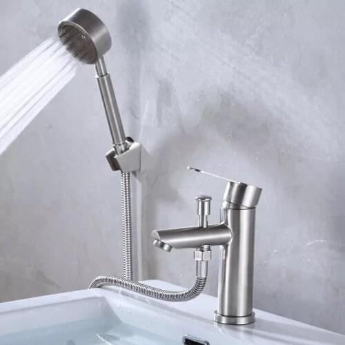 Bathroom Basin Faucet Stainless Steel Single Handle Sink Cold and Hot Water Mixer Bathtub Tap with Shower Set